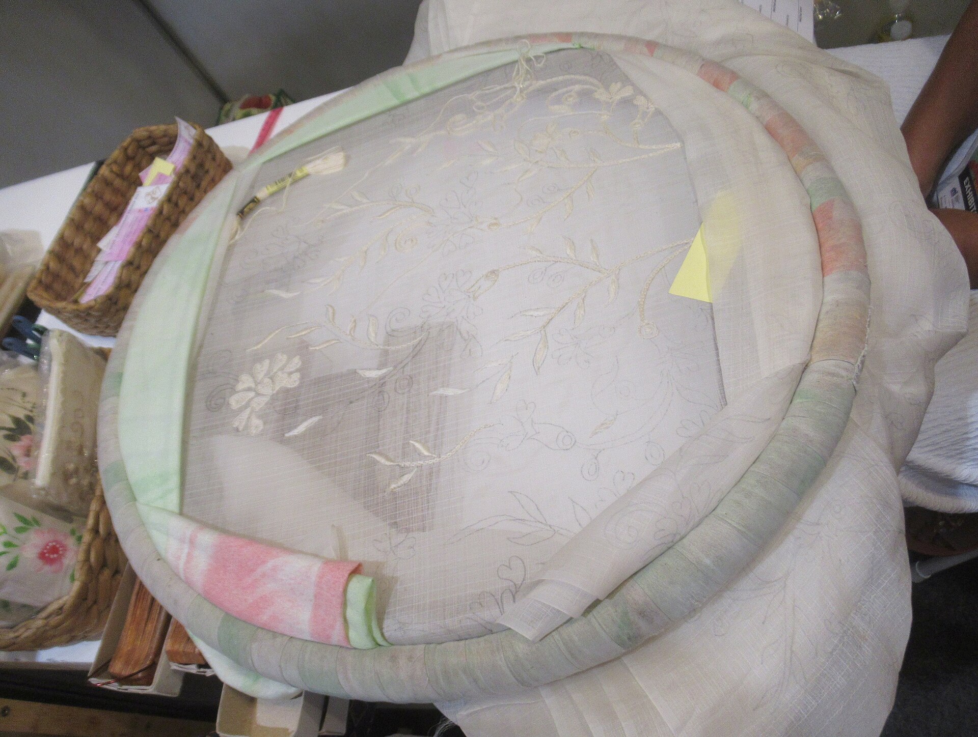 An array of embroidery hoops and frames in multiple sizes displayed at a Philippine craft market