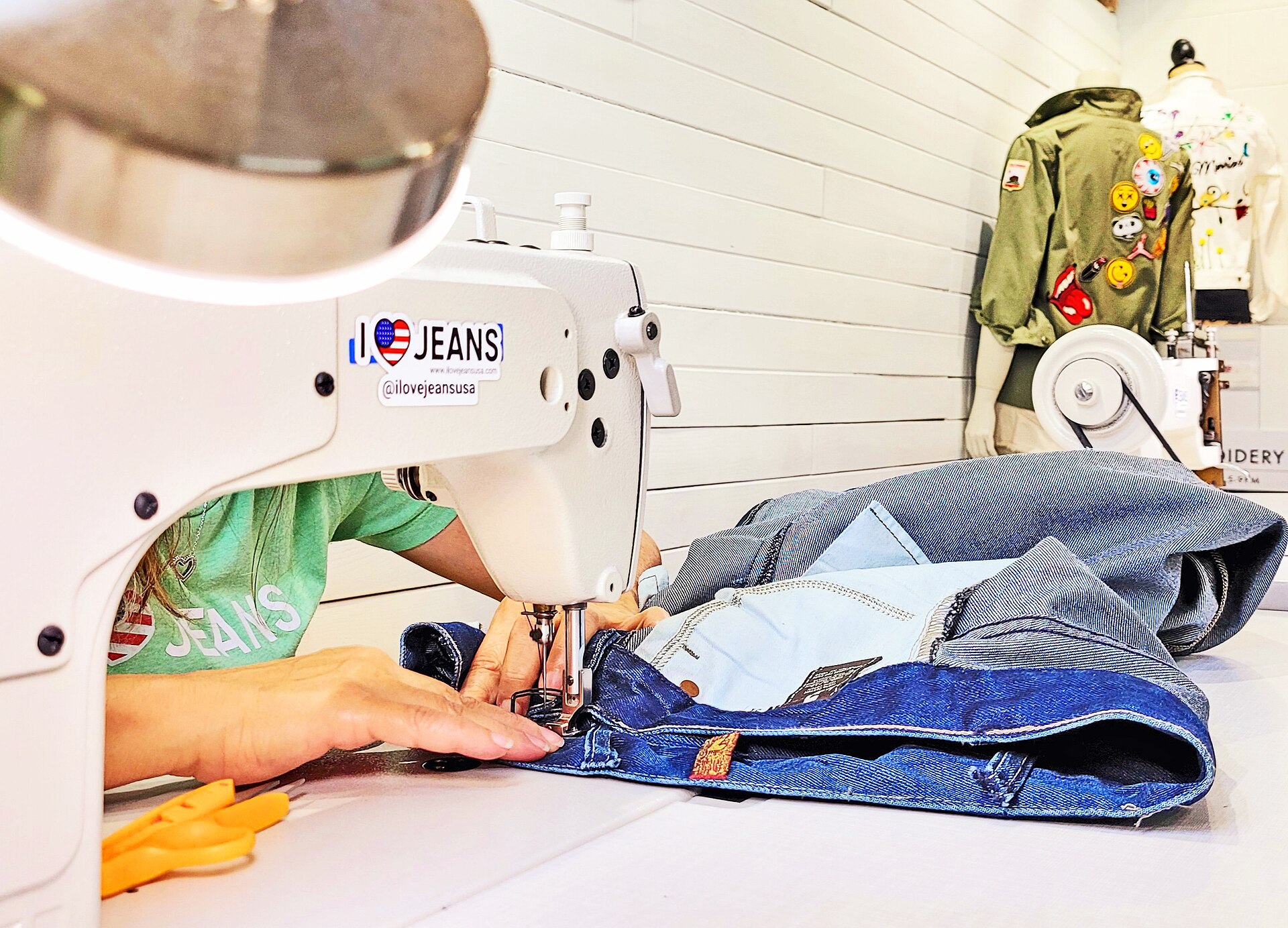 Heavy denim being sewn on a heavy-duty machine