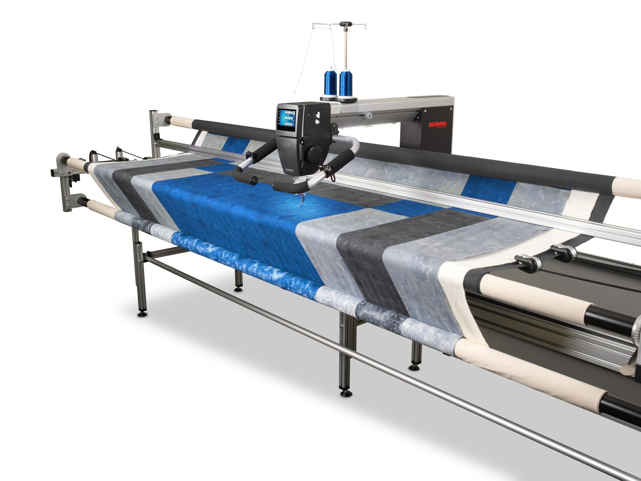 A BERNINA Q24 longarm quilting machine head mounted on a frame with a 24-inch throat